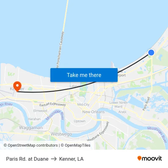 Paris Rd. at Duane to Kenner, LA map