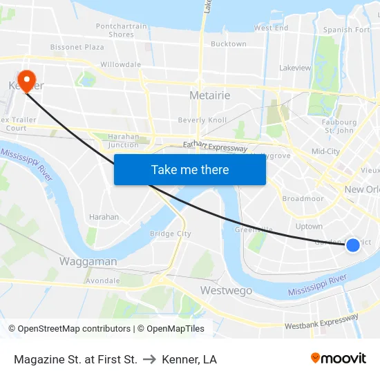 Magazine St. at First St. to Kenner, LA map