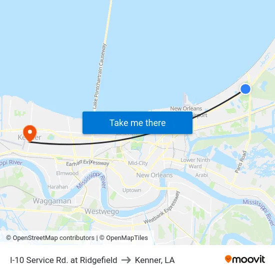 I-10 Service Rd. at Ridgefield to Kenner, LA map