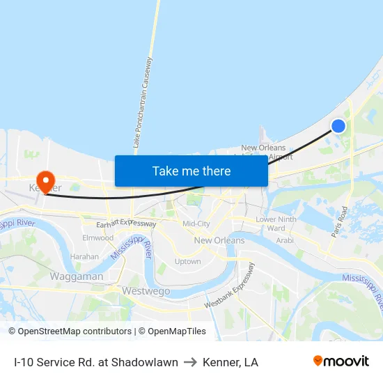 I-10 Service Rd. at Shadowlawn to Kenner, LA map