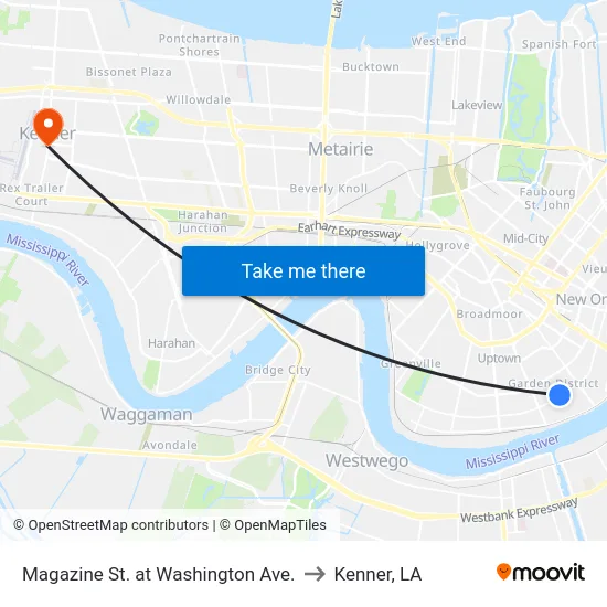 Magazine St. at Washington Ave. to Kenner, LA map