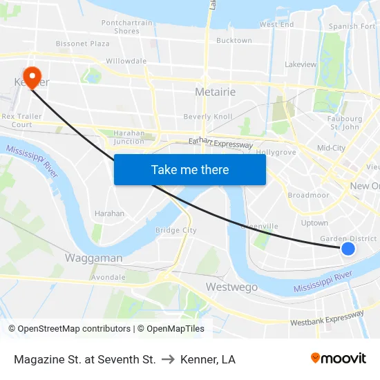 Magazine St. at Seventh St. to Kenner, LA map