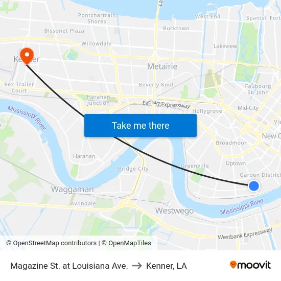 Magazine St. at Louisiana Ave. to Kenner, LA map