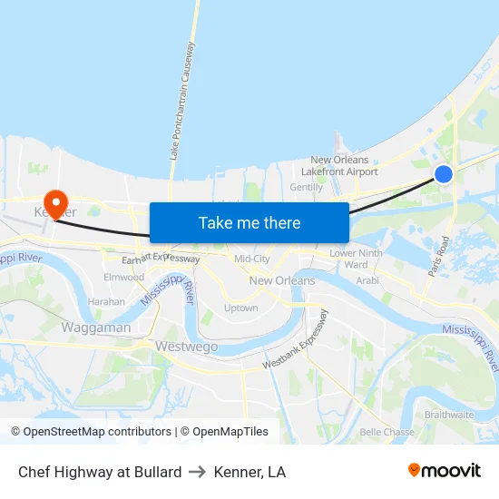Chef Highway at Bullard to Kenner, LA map