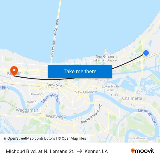 Michoud Blvd. at N. Lemans St. to Kenner, LA map