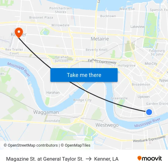 Magazine St. at General Taylor St. to Kenner, LA map