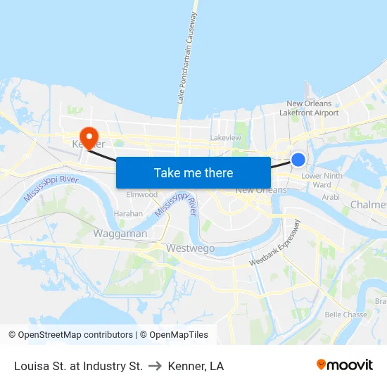 Louisa St. at Industry St. to Kenner, LA map