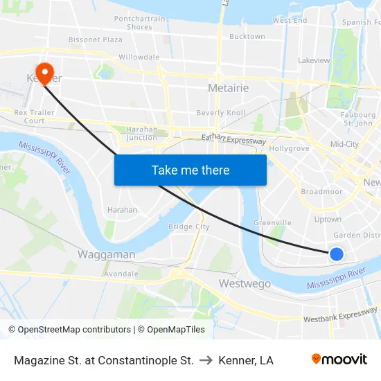 Magazine St. at Constantinople St. to Kenner, LA map