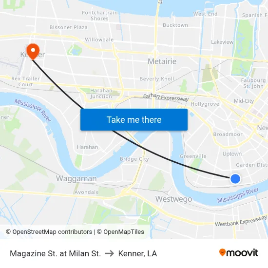 Magazine St. at Milan St. to Kenner, LA map