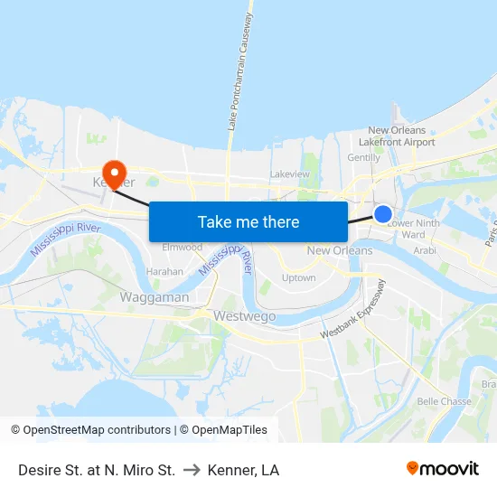 Desire St. at N. Miro St. to Kenner, LA map