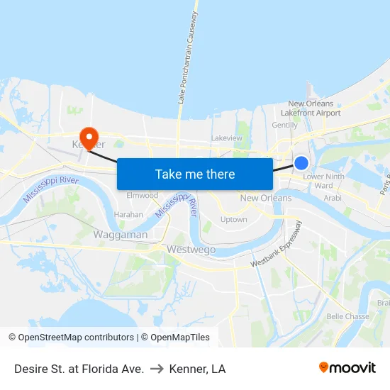 Desire St. at Florida Ave. to Kenner, LA map