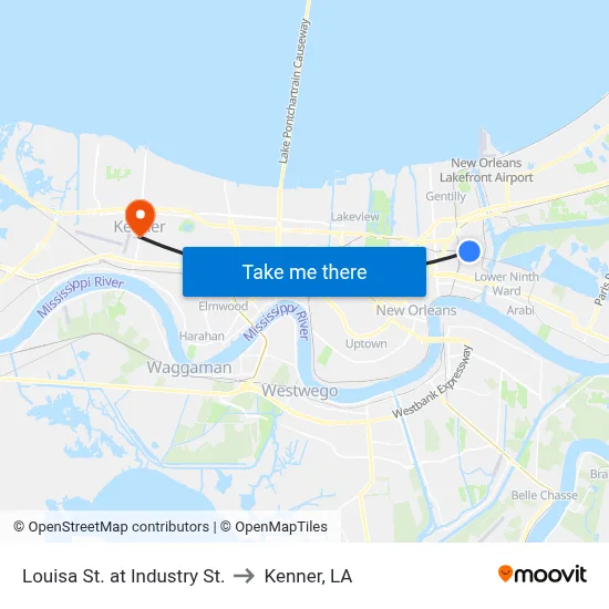 Louisa St. at Industry St. to Kenner, LA map