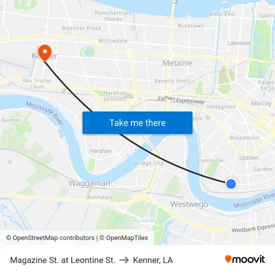 Magazine St. at Leontine St. to Kenner, LA map