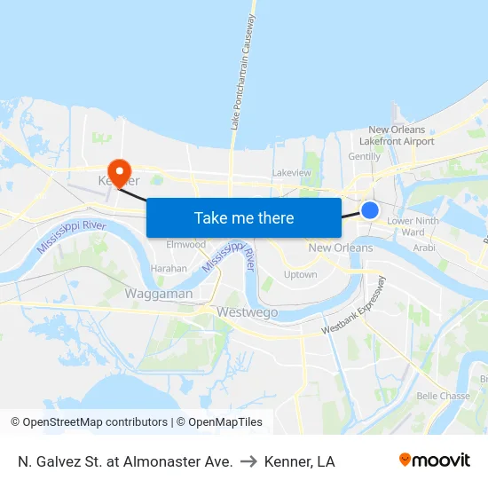N. Galvez St. at Almonaster Ave. to Kenner, LA map