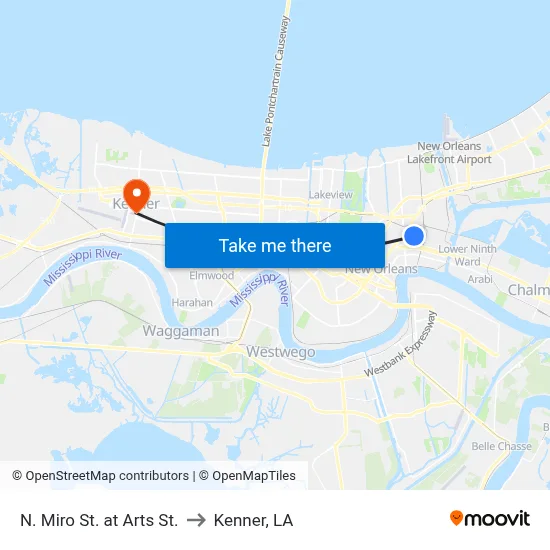 N. Miro St. at Arts St. to Kenner, LA map