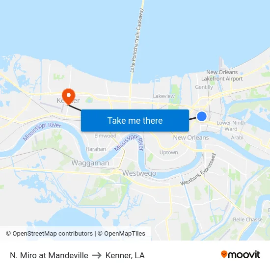 N. Miro at Mandeville to Kenner, LA map
