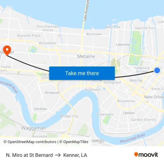 N. Miro at St Bernard to Kenner, LA map