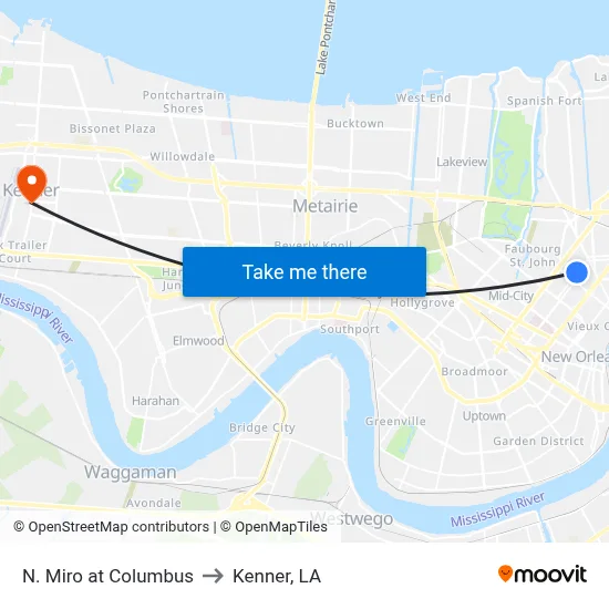 N. Miro at Columbus to Kenner, LA map