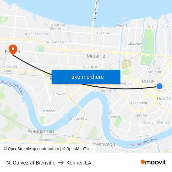 N. Galvez at Bienville to Kenner, LA map