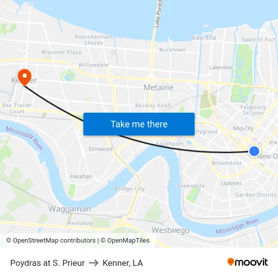 Poydras at S. Prieur to Kenner, LA map