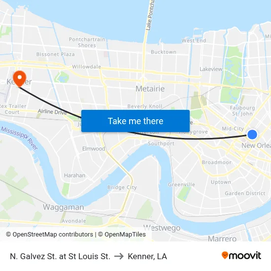 N. Galvez St. at St Louis St. to Kenner, LA map
