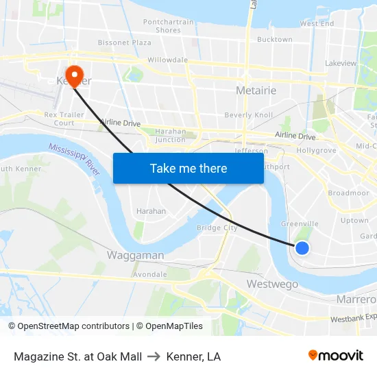Magazine St. at Oak Mall to Kenner, LA map