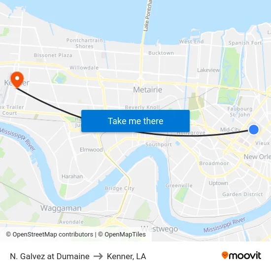 N. Galvez at Dumaine to Kenner, LA map