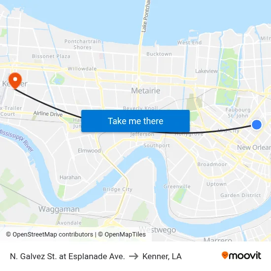 N. Galvez St. at Esplanade Ave. to Kenner, LA map