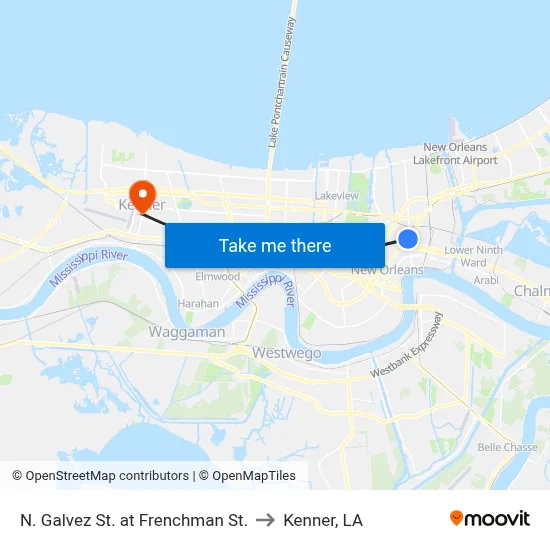 N. Galvez St. at Frenchman St. to Kenner, LA map