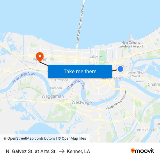 N. Galvez St. at Arts St. to Kenner, LA map