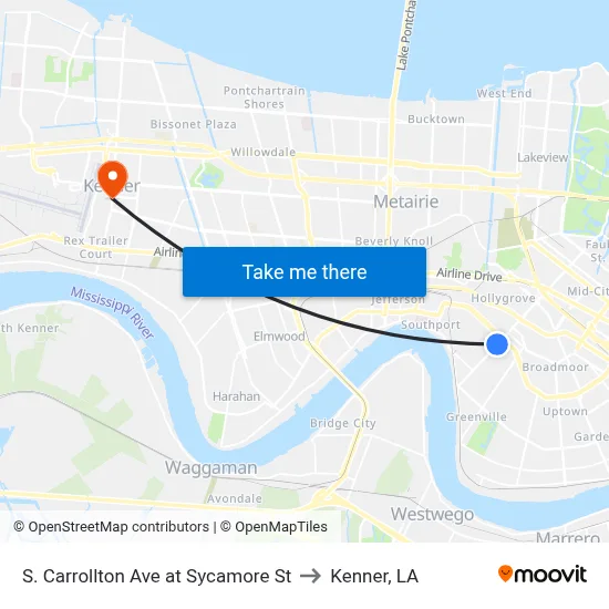 S. Carrollton Ave at Sycamore St to Kenner, LA map