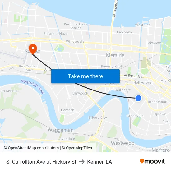 S. Carrollton Ave at Hickory St to Kenner, LA map