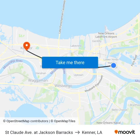 St Claude Ave. at Jackson Barracks to Kenner, LA map