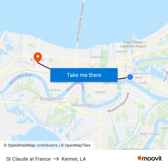 St Claude at France to Kenner, LA map