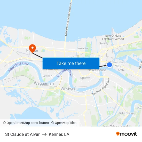 St Claude at Alvar to Kenner, LA map