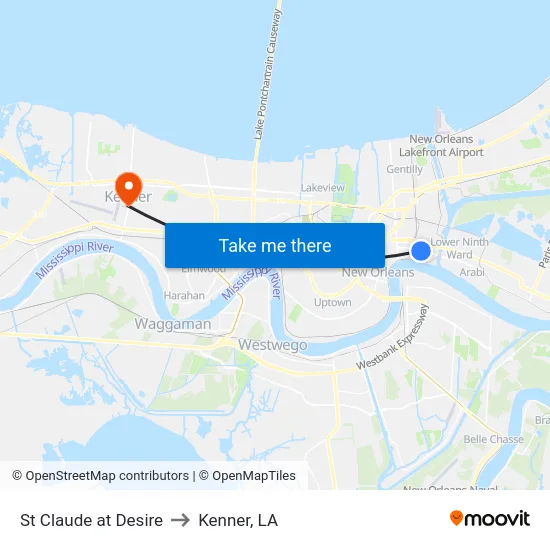 St Claude at Desire to Kenner, LA map