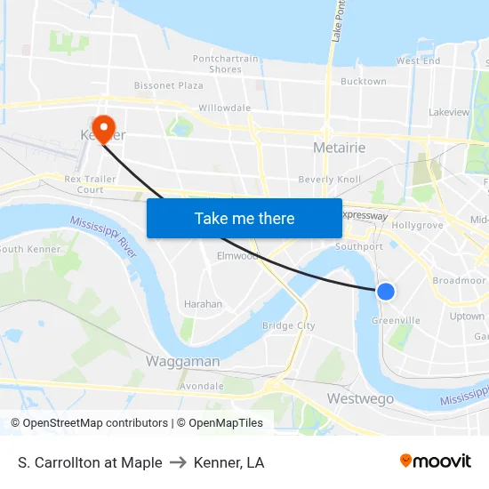 S. Carrollton at Maple to Kenner, LA map
