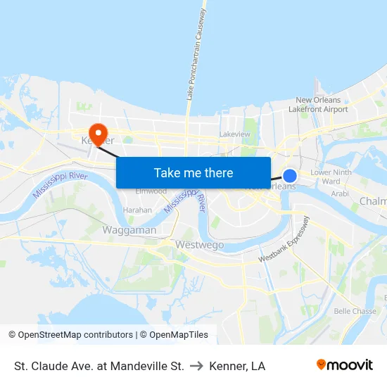 St. Claude Ave. at Mandeville St. to Kenner, LA map
