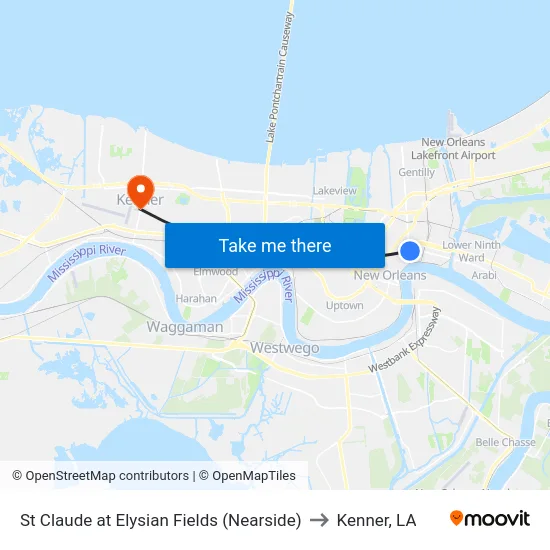St Claude at Elysian Fields (Nearside) to Kenner, LA map