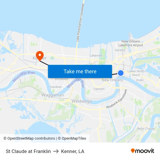 St Claude at Franklin to Kenner, LA map