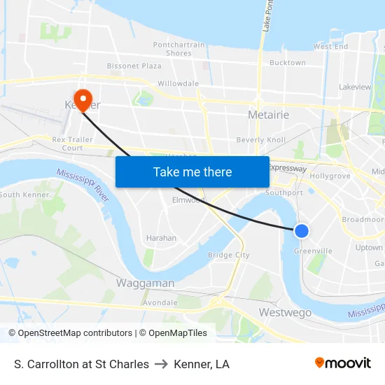 S. Carrollton at St Charles to Kenner, LA map