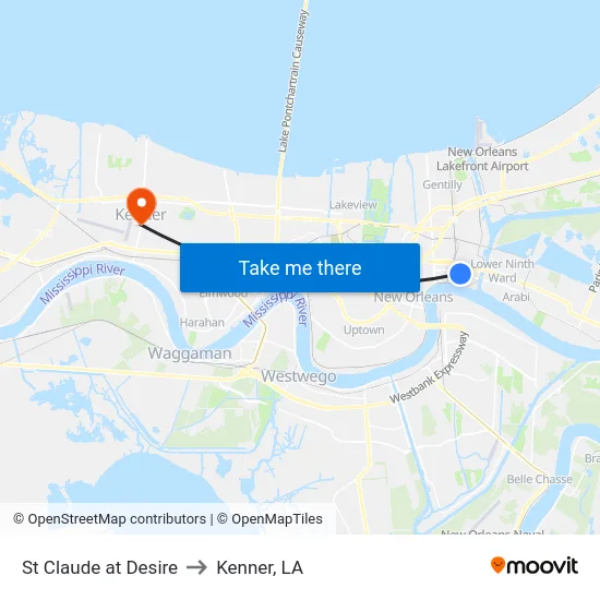 St Claude at Desire to Kenner, LA map