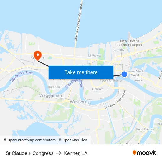 St Claude + Congress to Kenner, LA map