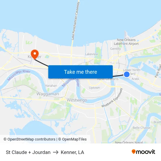 St Claude + Jourdan to Kenner, LA map