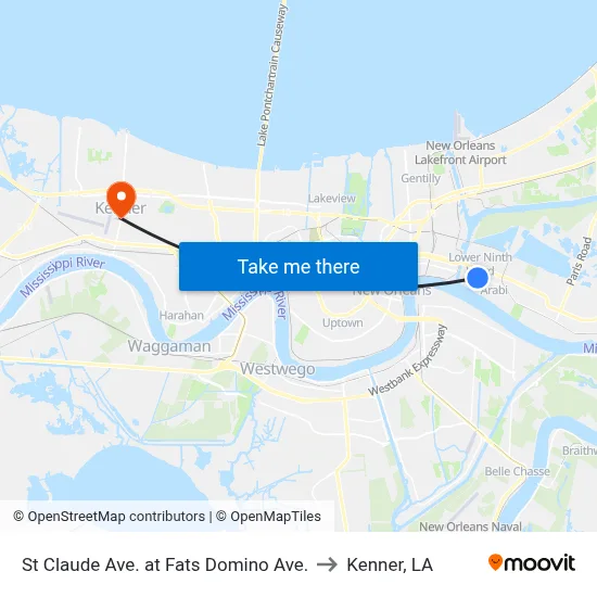 St Claude Ave. at Fats Domino Ave. to Kenner, LA map