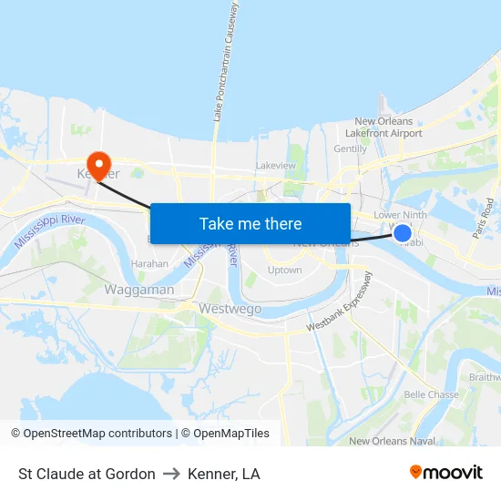 St Claude at Gordon to Kenner, LA map