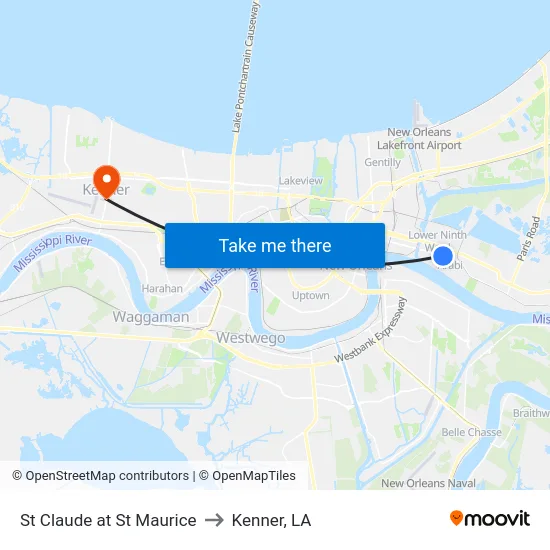 St Claude at St Maurice to Kenner, LA map