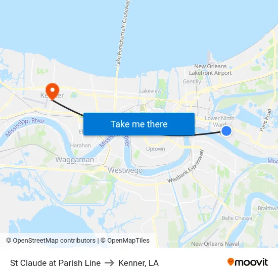 St Claude at Parish Line to Kenner, LA map