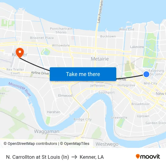 N. Carrollton at St Louis (In) to Kenner, LA map