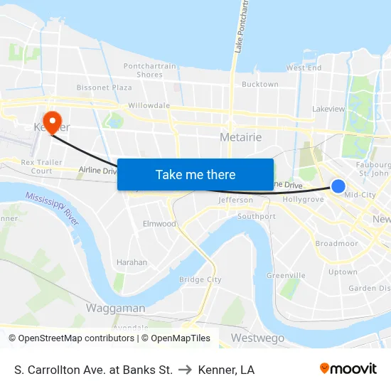 S. Carrollton Ave. at Banks St. to Kenner, LA map